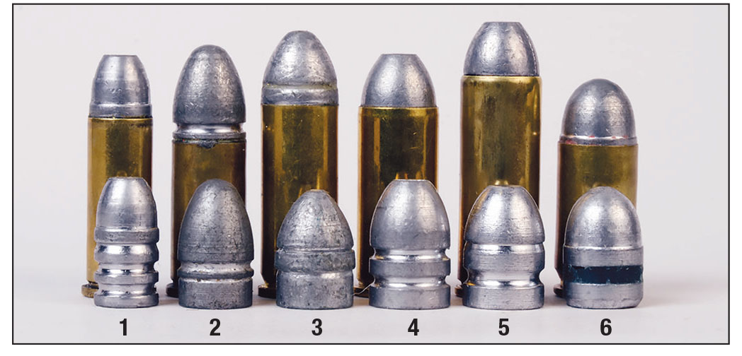 These are the basic handloads Mike has developed for shooting U.S. Cavalry handguns: (1) 38 Long Colt (Rapine 150-grain HB), (2) 44 American (RCBS 210-grain RN), (3) 44 Colt (Rapine 210-grain RN), (4) 45 S&W (Lyman 250-grain RN/FP), (5) 45 Colt (NEI 252-grain RN/FP) and (6) 45 ACP (Oregon Trail 225-grain RN).